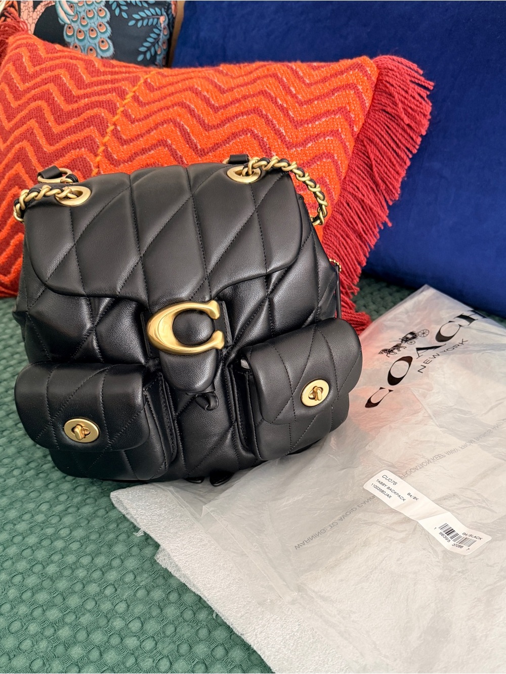 Coach Quilted Tabby Black Leather Backpack with Gold Hardware